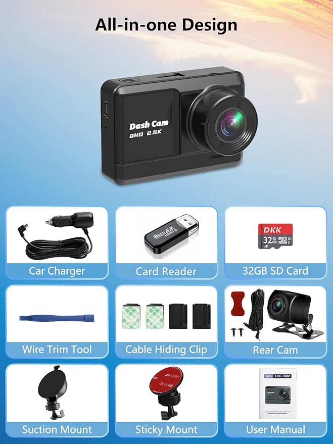 Dash Cam Front and Rear, 2.5K+1080P Dual Dash Camera for Cars with 32GB SD Card, 2.45 inch IPS Screen, 2 Mounting Ways, Night Vision, WDR, Accident Lock, Loop Recording, Parking Monitor
