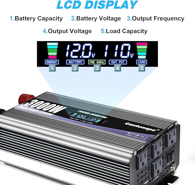 3000W Power Inverter 12V to 110V/120V DC to AC with LCD Display, Remote Controller and 4 x AC Outlets Car Adapter for Car Truck Boat RV Off Grid Solar System