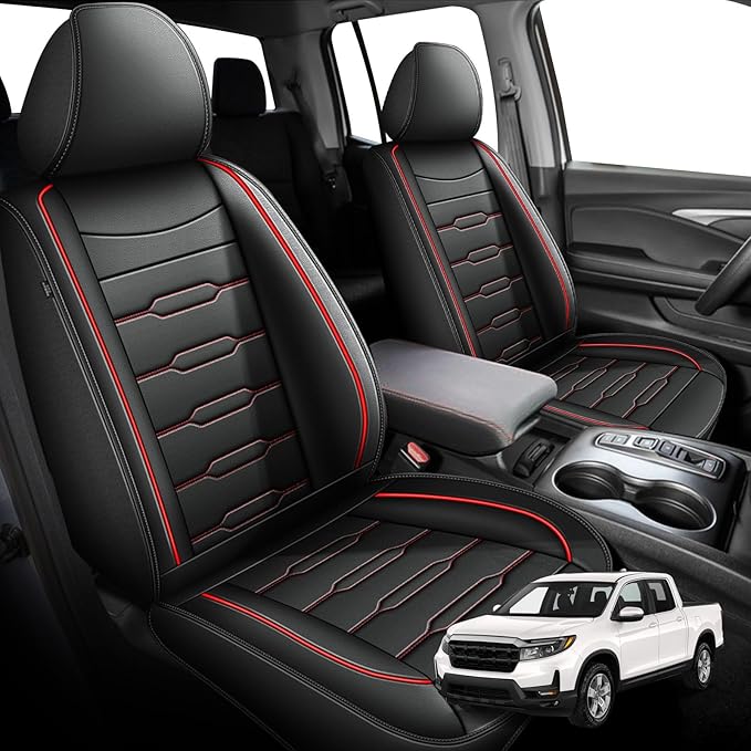 AOMSAZTO Seat Covers Fit for Honda Ridgeline 2006-2024 2025: Crew Cab 2PCS Front Car Seat Covers Faux Leather Truck Pickup Seat Cushion Protector - Front Seats Without Armrests(Front Pair, Redline)