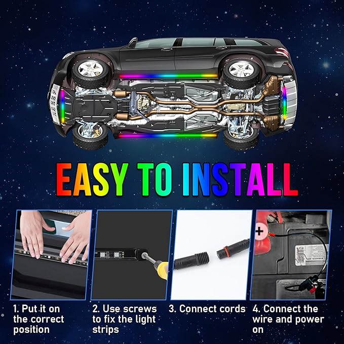 OPP ULITE Car Led Underglow Lights Aluminum Dream Chasing Color Accent Light Bar, RF Remote & APP Control Underglow Light Strip with Red Brake/Yellow Turn Signal/White Reverse Light Kit, 8PC Pack