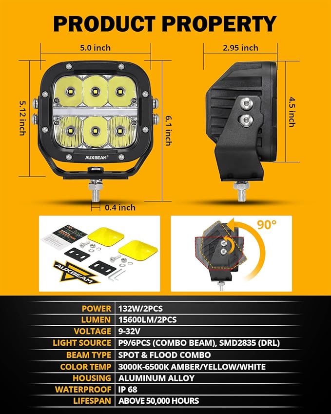 Auxbeam 5" LED Offroad Light with Amber DRL, XP-Ultra Series 132W 15600LM Super Bright Square LED Pod & Amber Pod Light Cover, Spot Flood Combo Fog Light Bar for Off-Road Vehicles, 2 Years Warranty