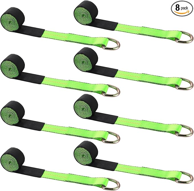 8 Pack 2" X 8ft Tow Truck Straps Lasso Wheel Lift Straps Lasso Tow Strap with D Ring 11, 000 Lbs Break Strength Auto Tie Down Auto Hauler for Trailer Truck Tie(Green)
