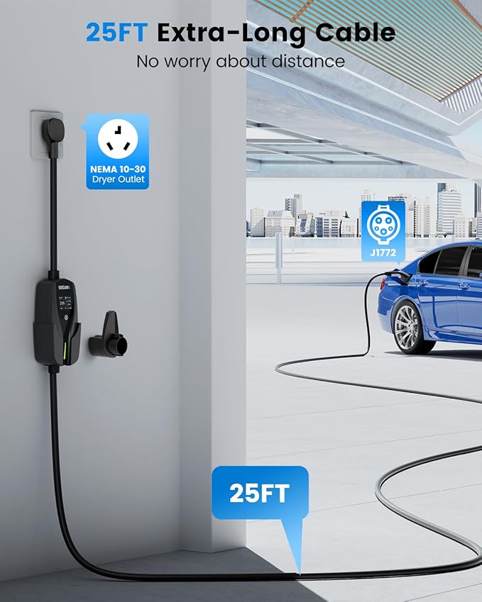 Level 2 EV Charger with NEMA 10-30 Plug, 24Amp 240V, 25FT Extension Cord, Adjustable Current (10-24A), Portable Home Mobile Dryer EV Charger for J1772 Electric Vehicles, Fits 3-Prong Dryer Outlet
