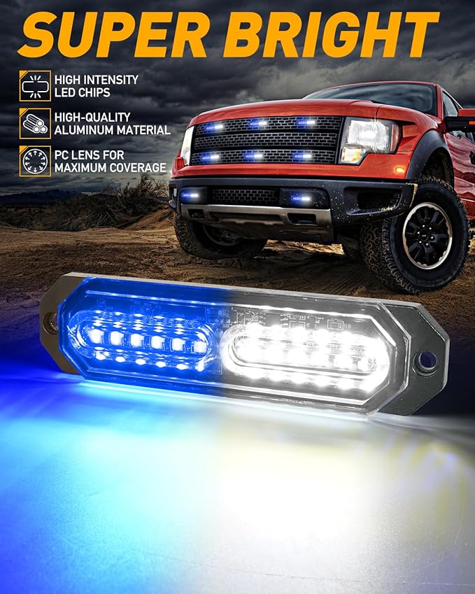 HLauto 1200T Emergency Strobe Grille Lights: 8pcs 12 LED Sync Feature Safety Warning Flashing Lights, Ultra Slim Surface Mount Hazard Caution Lights for Trucks, Vehicles, Car, ATV, UTV (Blue White)