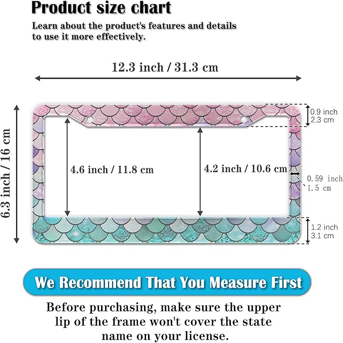 License Plate Frame Holder Pink License Plate Frames for Women Ombre Mermaid Scales Women Aluminum Metal Car Accessory 2 Pack with Screw Covers Set