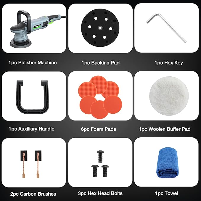 WORKPRO Buffer Polisher, 6-inch 1080W Dual Action Random Orbital Polish Kit for Car Detailing, 6 Variable Speed DA Polisher with Backing/Woolen/Foam Pads, Towel for Waxing, Buffing, Polishing