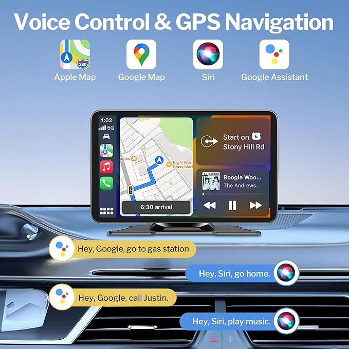 Wireless Apple Carplay Screen for Cars, 7" HD Portable Car Stereo Touch Screen for Apple CarPlay & Android Auto with Backup Camera/Mirror Link/Siri/Voice Control/GPS Navigation/AUX for All Vehicles