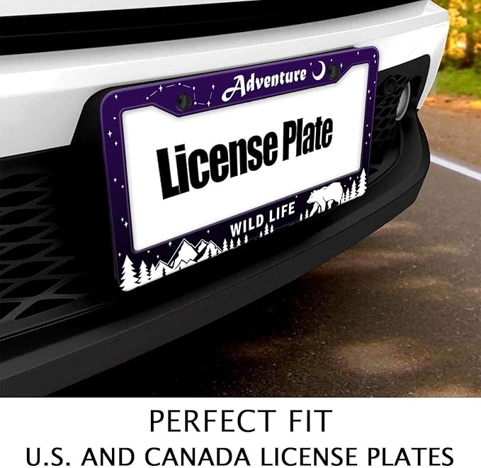 Adventure Awaist License Plate Frame, Mountains Forest Bear Tag Plate Frame Holder Cover, Metal Aluminum Rustproof Car Accessories with Screw Caps, Great Gift for Hiking Outdoor Sports Enthusiasts