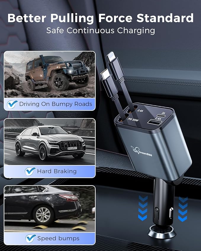 Retractable 70W USB Car Charger Adapter, 4 in 1 Fast Phone Charger, 2 Retractable Cords, USB C, Compatible with iPhone 16/15/15 Pro Max/14/13/12/11, Samsung
