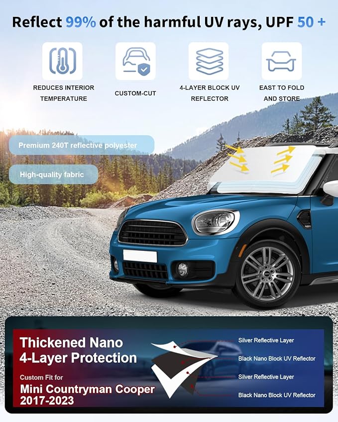 Sun Shade for 2017-2024 2025 Mini Countryman Cooper F60 SUV Windshield Sunshade Accessories 2-Layer Car Sun Shield Sun Visor Window Shade Blocks UV Rays Car Accessories