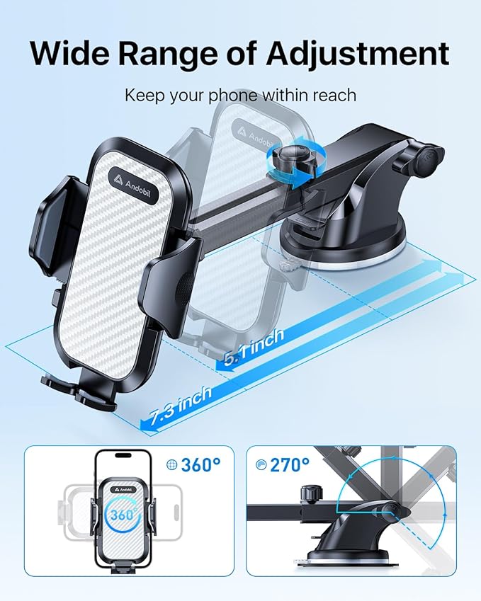 andobil Car Phone Mount [Ultra Stable & Big Phones Friendly] Cell Phone Holders for Your Car Dashboard Windshield Vent Truck, Car Phone Holder Mount for iPhone 16 15 14 13 12 Pro Max Samsung S24 S23