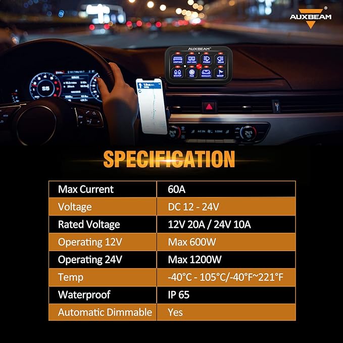 Auxbeam 8 Gang Switch Panel BA80, Universal Circuit Control Relay System Box with Automatic Dimmable On-Off LED Switch Pod Touch Switch Box for Car Pickup Truck Boat UTV ATV, Blue 2 Years Warranty