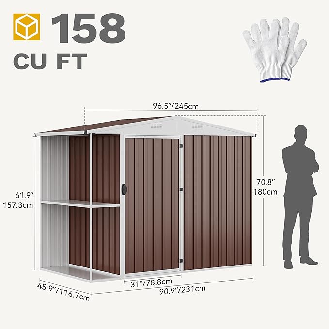 DWVO 8 x 4 ft Outdoor Storage Shed with 2-Tier Shelf, Metal Tool Shed & Garden Storage Cabinet for Backyard, Patio, Equipment & Bike, Brown