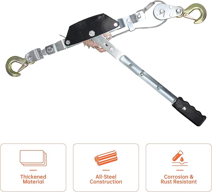 2 Ton Heavy Duty 2 Hook Steel Cable Dual Gear Power Puller Come Along Chain Winch Ratchet Tool, Automotive Hoist Hand Winch Cable Puller Stretcher Lift