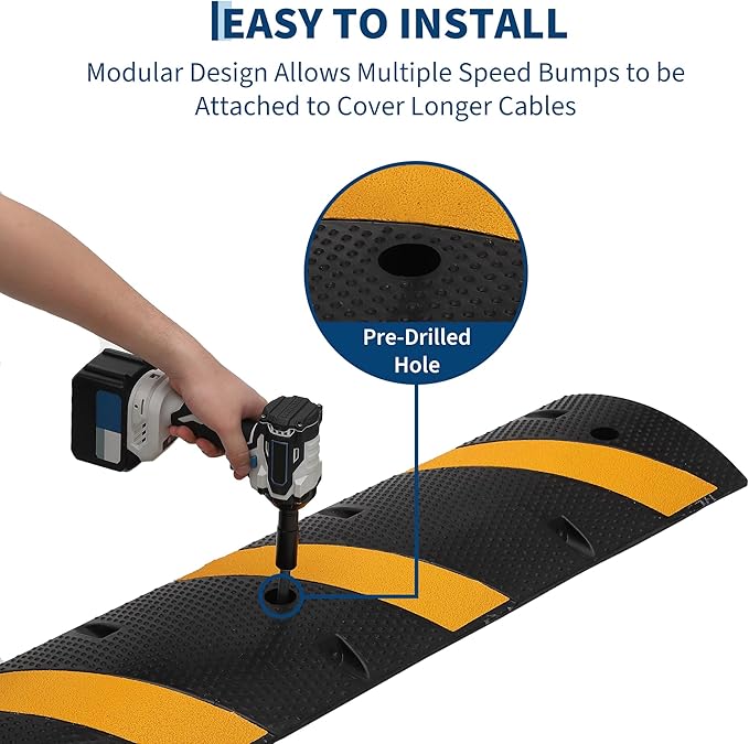 6FT Speed Bumps Wite End for Road, Heavy-Duty 25,000 Lbs Capacity Traffic Rubber Speed Humps with 2 Channel Floor Cord Cover for Asphalt Concrete Gravel Driveway Road