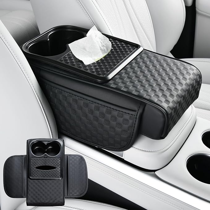 Car Center Console Cover, Armrest Cover for Storing Water Cups, Tissues, Cards, and Phones, 4-in-1 Center Cover with Soft Leather and High Resilience Memory Foam (Black)
