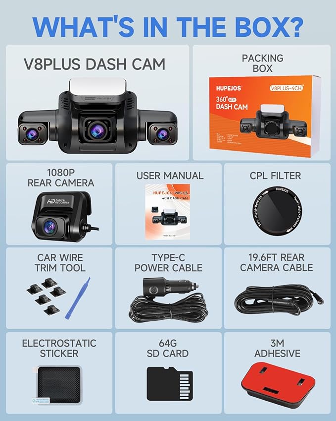 Dash Cam 4 Channel Front and Rear Inside, 360° Car Camera 4K UHD, Dash Camera for Cars Built-in Wi-Fi GPS, Dashcam with 64GB Card, Voice Control, CPL Filter, WDR Night Vision, 24H Parking Mode(V8PLUS)