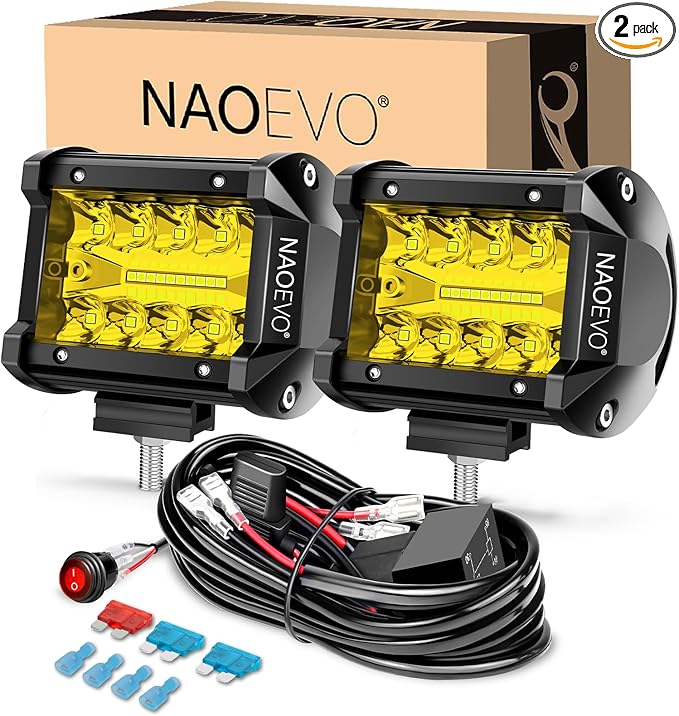 NAOEVO 4 Inch LED Pod Lights, Spot Flood Yellow LED Fog/Driving/Off Road Lights with 2 Leads Wiring Harness, Cube Pods for Truck Boat ATV UTV, 2 Pcs (Yellow)