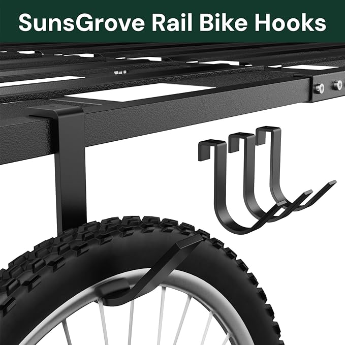 SunsGrove Heavy-Duty 4-Pack Overhead Garage Ceiling Storage Hooks, Add-On Storage Rail Hook Accessory for Hanging Bikes and More, Supports Up to 66lbs