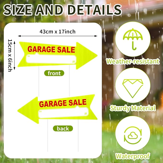 Wenqik 12 Pcs Garage Sale Signs with Stakes Double Sided Neon Arrow Signs with Stakes 17 x 6 Inches High Visibility This Way Plastic Garage Sale Decoration(Yellow and Red)