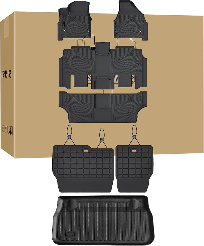 Floor Mats, Trunk Liner & Backrest Mat for 2017-2024 2025 Chrysler Pacifica Gas Touring 7/8 Seat (Non Hybrid & Non Pinnacle) Customized TPE All Weather Car Floor Liners with Backrest Protection Black