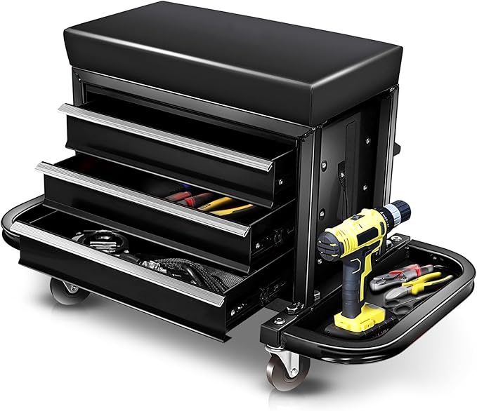 Auto Dynasty 3-Drawer Mechanic Rolling Seat, 350 LBS Capacity Roller Garage Shop Seat with Storage Tool Tray for Workshop, Repair Shop, Warehouse, Black
