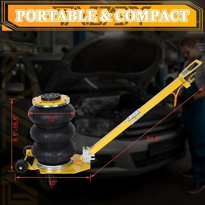 3T Triple Bag Air Jack 6600lbs Pneumatic Jack 3s Fast Lift Up 16in Airbag Jack with Adjustable Long Handle Heavy Duty Triple Air Bag Jack Lift for Cars Garage (Yellow)