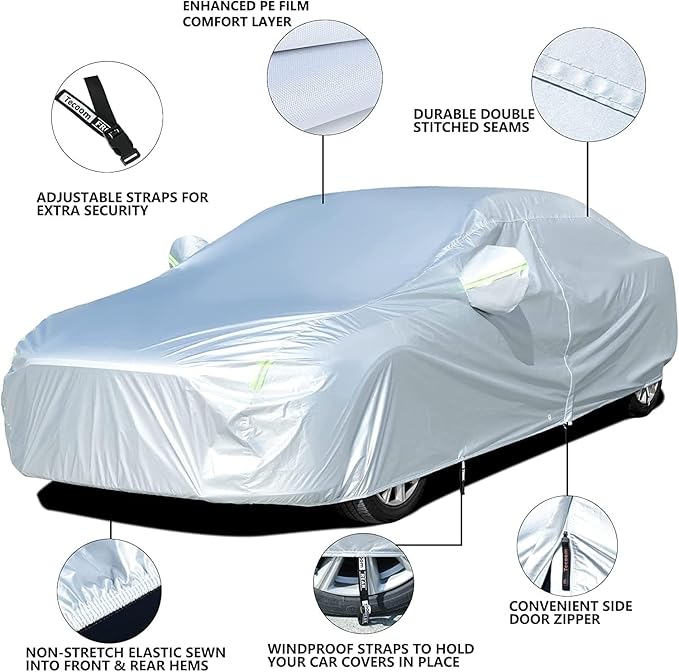 Tecoom Waterproof Sedan Car Cover Oxford W/Door Zipper, All Weather Car Cover for Automobiles, UV-Proof Windproof Hail Sun Snow Protection Indoor Outdoor Full Exterior Covers Fit 201-210 Inches