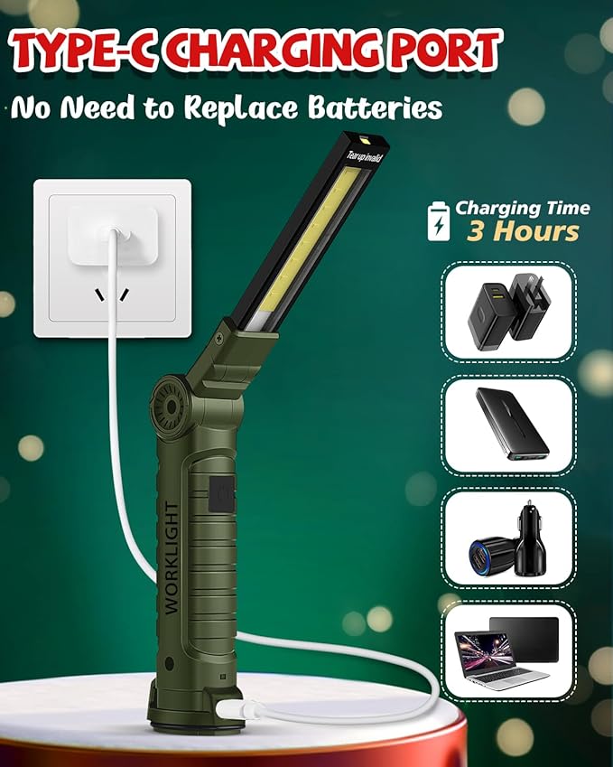Coquimbo Tool Gifts for Men Him, Rechargeable LED Work Light Grill Light with Magnetic Base and Hook 5 Modes 360° Rotate Mechanic Light Birthday Gifts for Dad Husband Men (2 Pack Green)