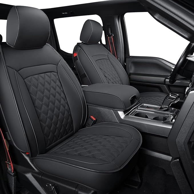 LUCKYMAN CLUB F150 Faux Leather Seat Covers Fit for 2010-2014 F150 2011-2016 F250 F350 F450 Pickup Trucks(Front Pair, Black)
