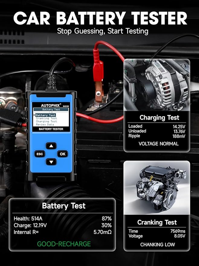 AUTOPHIX BAS100 Car Battery Tester, 12V 24V Load Tester, 100-2000 CCA Digital Automotive Alternator Tester, Auto Battery Analyzer Charging Cranking System Tester for Car Truck Motorcycle Boat and More