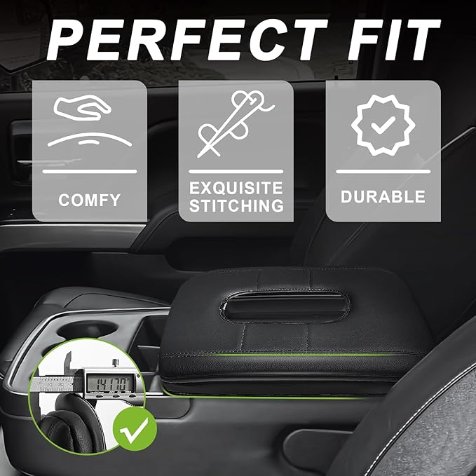 Muslogy Center Console Armrest Cover for Chevy Silverado & GMC Sierra 1500 2500 3500HD 2014-2018 Comfort Armrest Pad Arm Rest Cushion Vegan Leather Protector 1-Inch Extra Thick(Jump Seat ONLY)