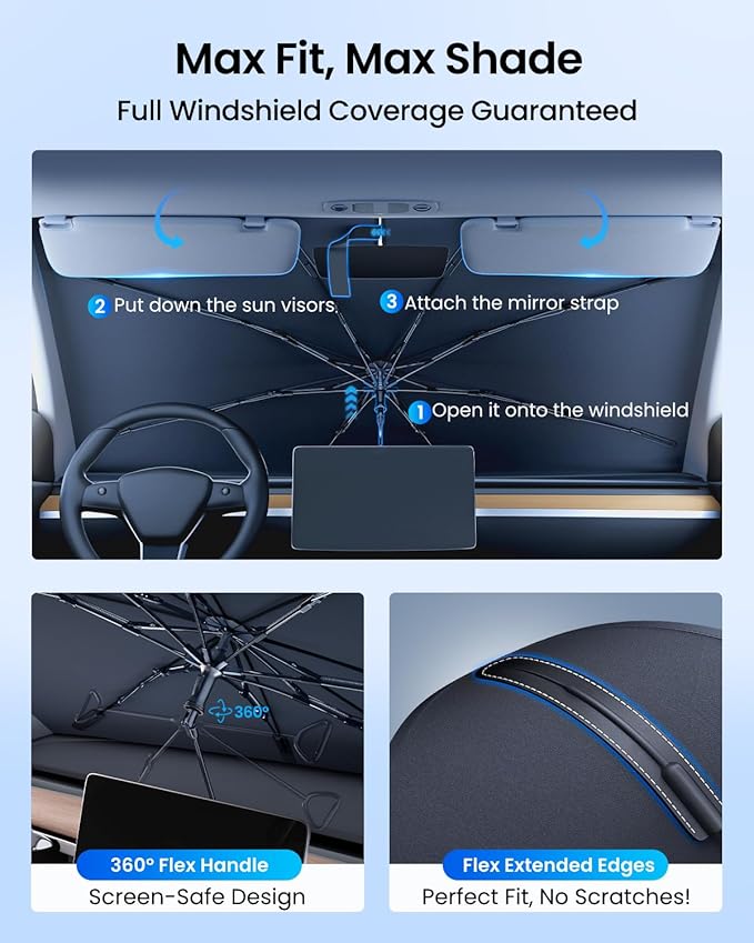 REEVAA 2025 Upgraded Car Windshield Sun Shade Umbrella [100% Sun Protection & Keep Cool] Protect Interior, 360° Flex Handle Sun Shield Sunshade, Medium (57''x32'') for Most SUV/Truck