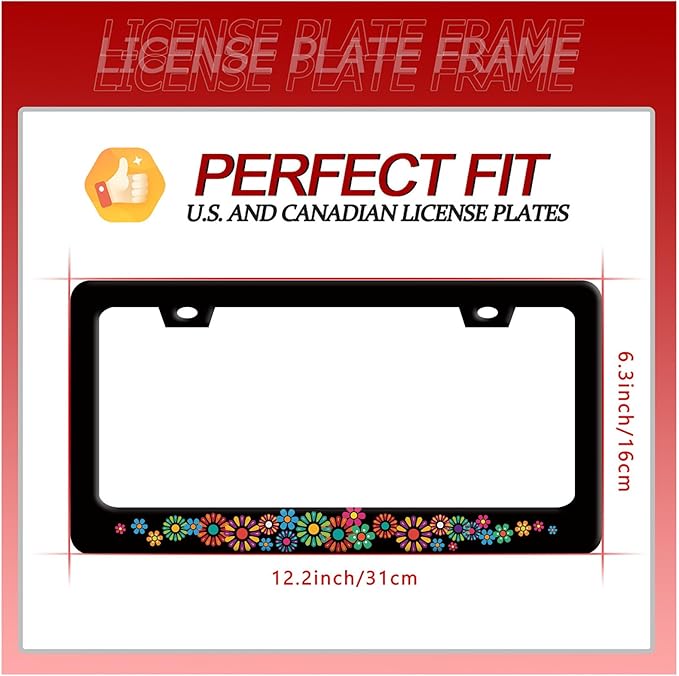 Colorful Hippie Flowers License Plate Frame Beautiful Floral License Plate Frames Stainless Steel Accessories Cars Decor with 2 Holes and Screws Fits Standard US CA Vehicles Size 12.2 x 6 Inches