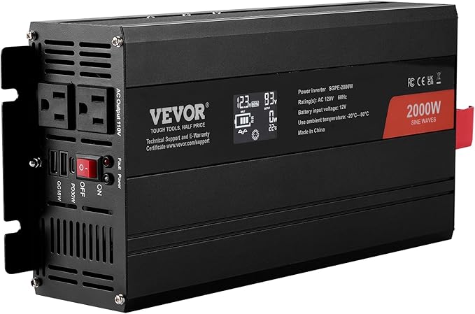 VEVOR Pure Sine Wave Inverter, 2000 Watt, DC 12V to AC 120V Power Inverter with 2 AC Outlets 2 USB Port 1 Type-C Port, LCD Display and Remote Controller for Medium-Sized Household Equipment, CE FCC