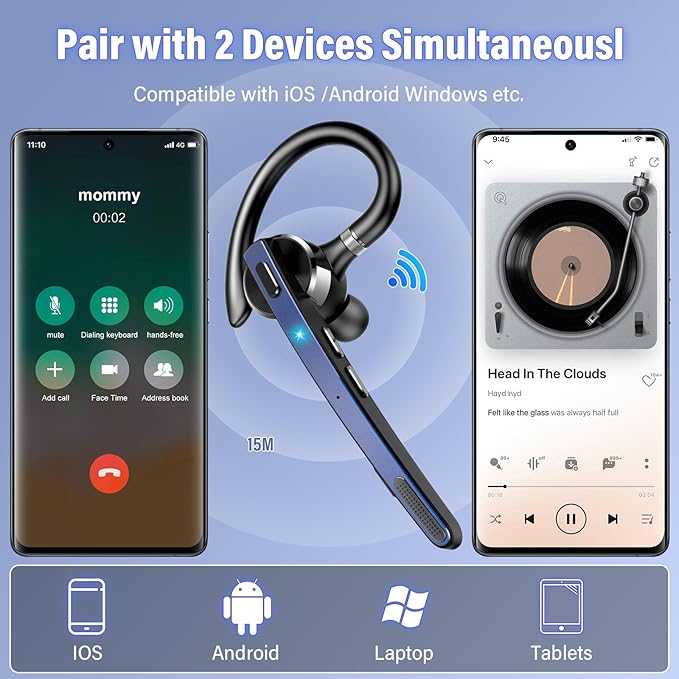 Bluetooth Headset, Wireless Bluetooth 5.3 Earpiece, 90Hrs Hands Free Headset with APTX HD Audio & Mute Button, Dual Noise Cancelling Mics, Single-Ear Headphone for Trucker/Business/Gym/Blue