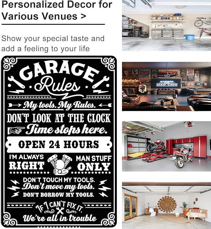 Gifts for Men Dad Husband Funny Garage Rules My Tools My Rules Tin Sign Vintage Metal Wall Art for Garage Workshop Man Cave Decor 8x12 Inch (3705)