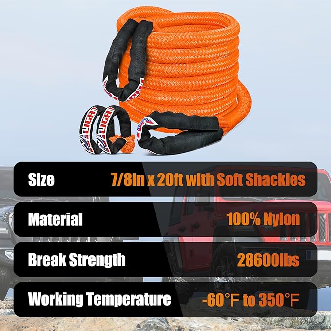 Nilight Kinetic Recovery Tow Rope 7/8" x 20ft (28,600LBS) with 2 Soft Shackle 1/2" x 24" Snatch Strap Heavy Duty Offroad Towing Strap kit for UTV ATV SUV Truck Car Jeep Tractor