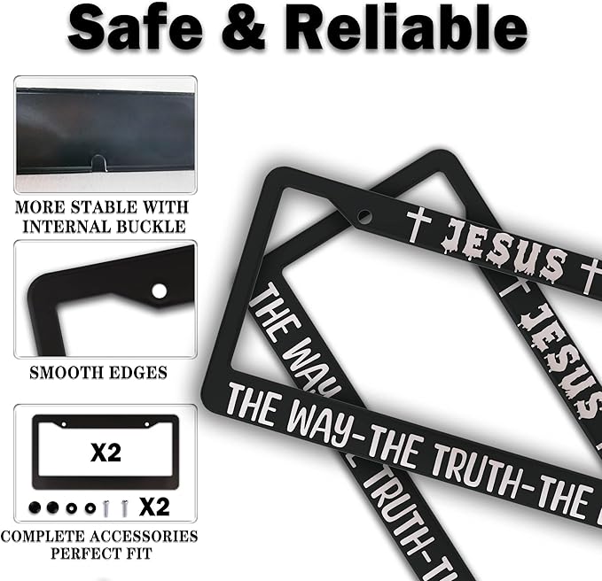 License Plate Frame Black and White Front License Plate Bracket Jesus The Way The Truth The Life Aluminum Metal Car Accessory 2 Pack with Screw Covers Set
