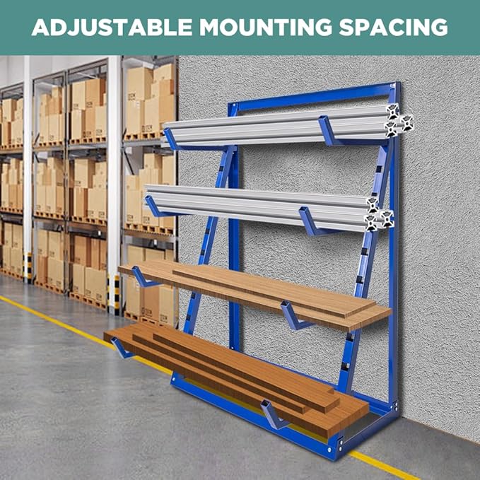 Yeeoy 4 Tier Steel Horizontal Lumber Storage Rack, Heavy Duty Pipe Organizer Shelf, Adjustable Bar Storage Cantilever Rack for Garage Workshop Shed Basement, 2000lbs Load Capacity, Blue