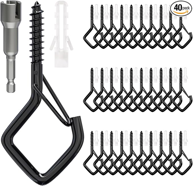 Square Ceiling Hooks with Safety Buckle for String Lights, Plants, Wind Chimes, 40-Pack, 2.36 inch, Black