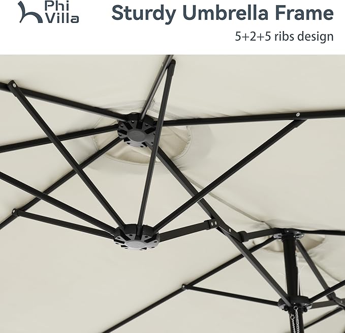 PHI VILLA 15ft Large Patio Umbrellas with Base Included, Outdoor Double-Sided Rectangle Market Umbrella with Stand, Outside Umbrellas for Poolside Lawn Backyard, Ivory
