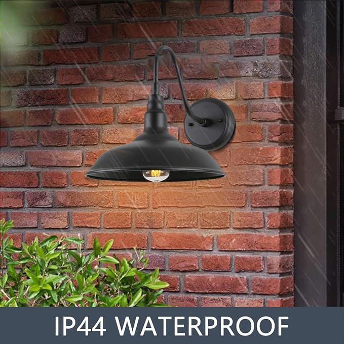 Black Gooseneck Barn Light for Farmhouse 10 Inch Dome Exterior Lights Fixture with Wall Mount, Outdoor Wall Sconce for Garage Porch Patio