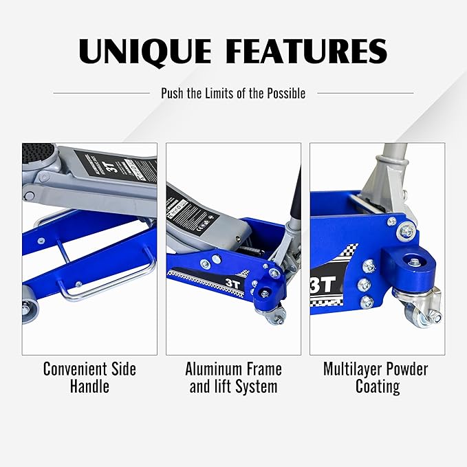 Aluminum Steel Hydraulic Floor Jack 3Ton/6600lbs.Dual Piston Fast Lifting Pump.Horizontal Floor Jack Lifting Range 4.3"-20".Racing Car Jack for MVPs,SUVs and Trucks.Trolley Jack with Extra Saddle
