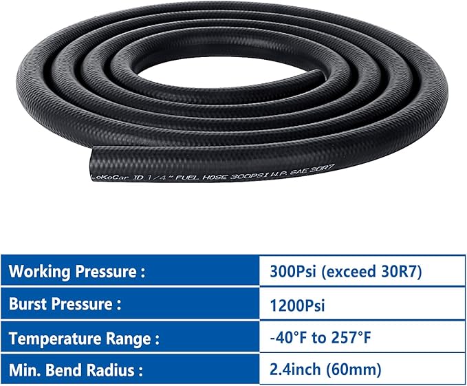 LokoCar Rubber Fuel Hose Line Push Lock 1/4" ID SAE 30R7 NBR 10ft 300PSI Black