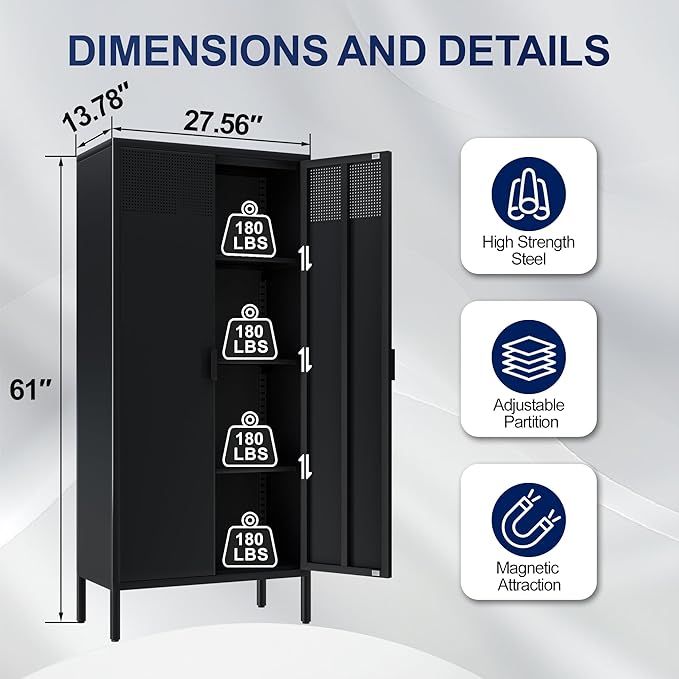 Metal Storage Cabinets with Adjustable Shelves，Pantry Kitchen Storage Cabinets，Floor Storage Cabinet for Kitchen, Laundry Room, Home Office, Kids Room (Black, 61''H)