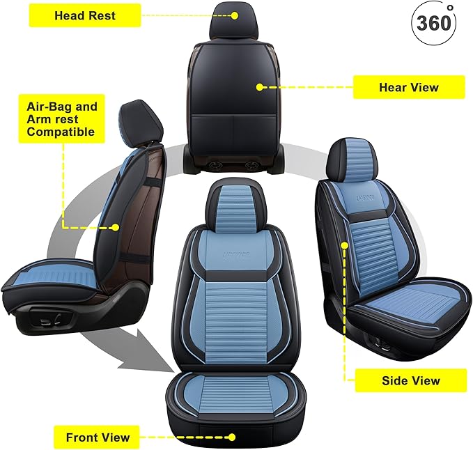 LINGVIDO Car Seat Covers, Breathable and Waterproof Faux Leather Automotive Seat Covers for Cars SUV Truck Sedan,Universal Anti-Slip Seat Cover with Backrest (Front Seat, Light Blue & Black)