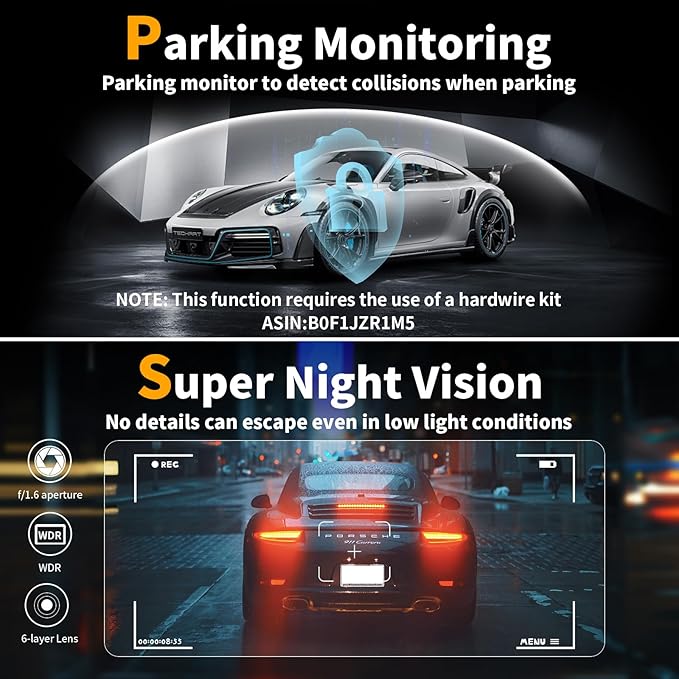 Dash Cam Front and Rear: 4K Dual Channel Dash Cam - 5GHz WiFi, Dash Camera for Cars with 64GB Card, 2.0" IPS Screen, App Control, G-Sensor, Loop Recording, 170° Wide Angle, Night Vision, Parking Mode