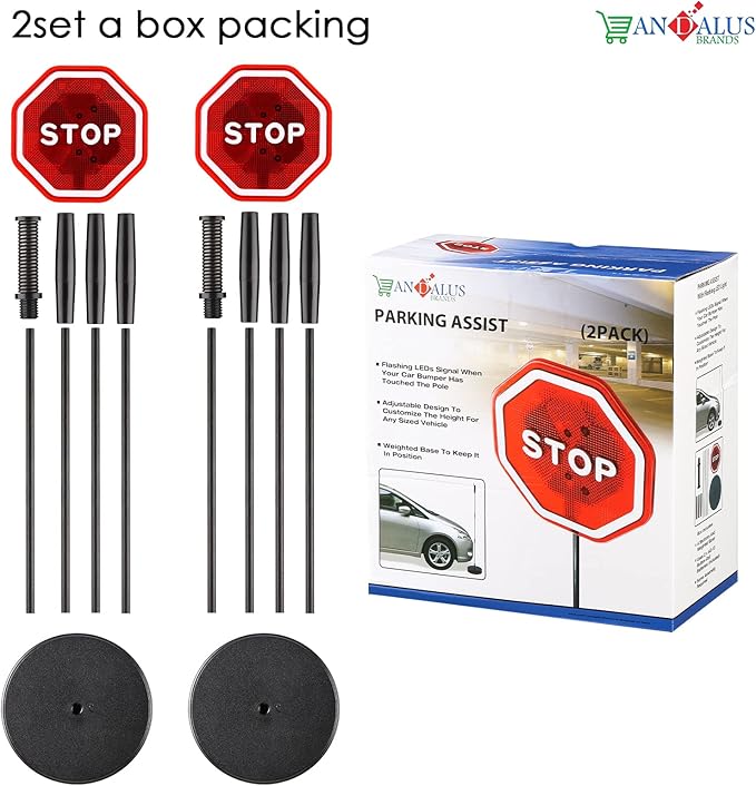 Andalus Brands Flashing LED Stop Sign Garage Parking Assistant System | Bumper Sensor,Red (2 Pack)