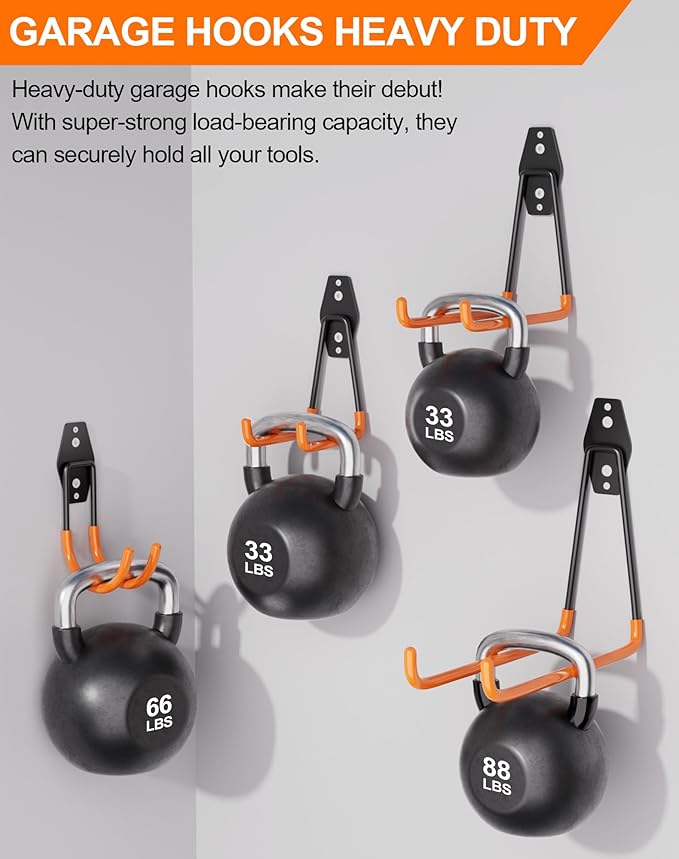 QcoQce 15 Pack Garage Hooks Heavy Duty with 2 Extension Cord Straps,Garage Storage Hooks, Wall Mount Hooks, Garage Organization and Tool Hangers for Bike, Ladder, Ropes and Garden Tools(Orange)
